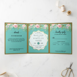 Fab Pink Floral Blauwgroen Wedding Tri-Fold Uitnod Drieluik Uitnodiging