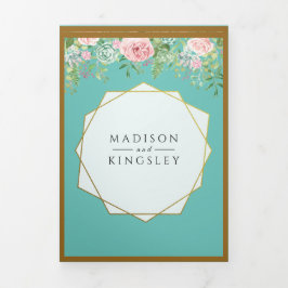 Fab Pink Floral Blauwgroen Wedding Tri-Fold Uitnod Drieluik Uitnodiging