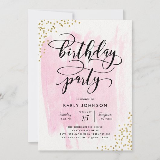 Fab Pink Waterverf Gold Confetti Birthday Party Kaart (Voorkant)