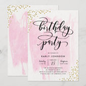 Fab Pink Waterverf Gold Confetti Birthday Party Kaart (Voorkant / Achterkant)