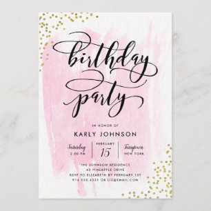 Fab Pink Waterverf Gold Confetti Birthday Party Kaart
