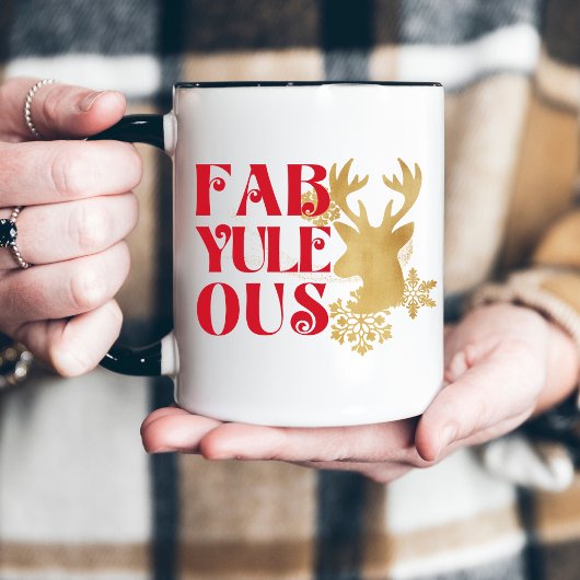 Fab-Yule-Ous Christmas Reindeer Red and Gold Mok
