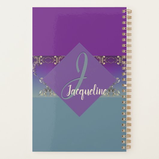 Fabergè-achtige Paars-blauwe gradiënt Monogram Planner (Achterkant)