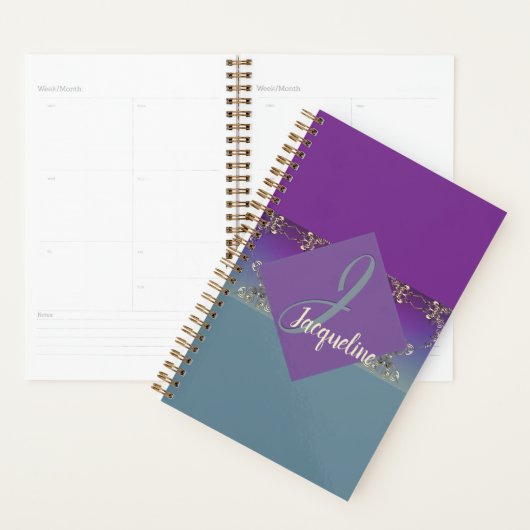 Fabergè-achtige Paars-blauwe gradiënt Monogram Planner (Display)