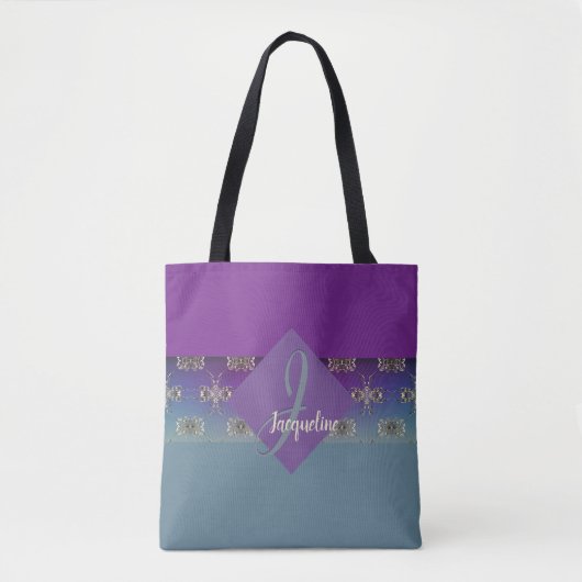 Fabergè-achtige Paars-blauwe gradiënt Monogram Tote Bag (Voorkant)