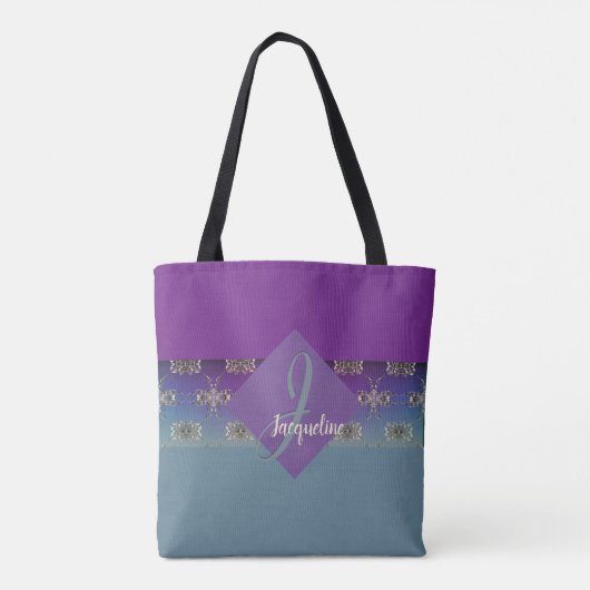 Fabergè-achtige Paars-blauwe gradiënt Monogram Tote Bag (Achterkant)