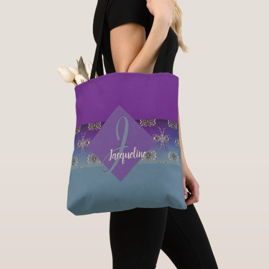 Fabergè-achtige Paars-blauwe gradiënt Monogram Tote Bag (Dichtbij)