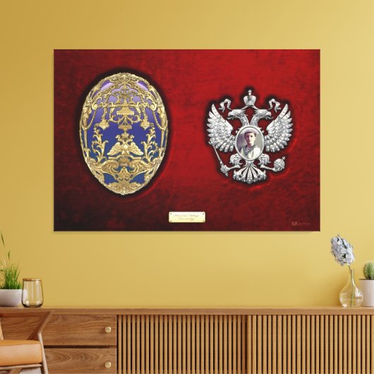 Faberge Tsarevich Ei met Verrassing op Rood Fluwee Canvas Afdruk (Insitu (Woonkamer))
