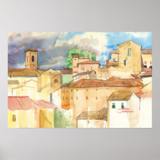 Fabriano, Italië – Zonnige Daken Aquarel Poster