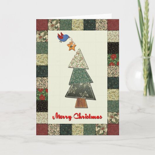 Fabric Christmas Tree and Bird Holiday Card Feestdagen Kaart (Voorkant)
