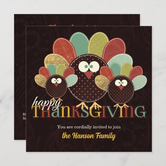 Fabric Turkey Family Gathering Thanksgiving Kaart (Voorkant / Achterkant)