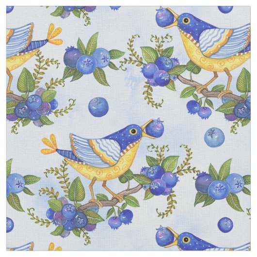 FABRIC WHIMSICAL BIRD BLUEBERRIES BLUE WATERVERF STOF (Close Up)