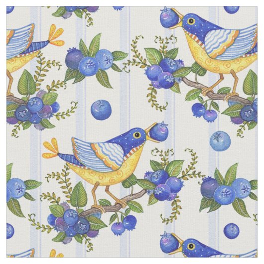 FABRIC WHIMSICAL BIRD & BLUEBERRIES STRIPE BLUE STOF (Close Up)