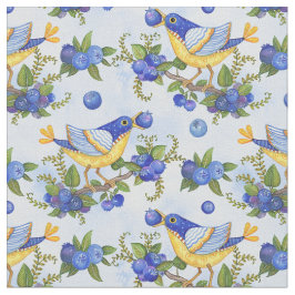FABRIC Whimsical Birds Blueberries Blue Yellow Stof
