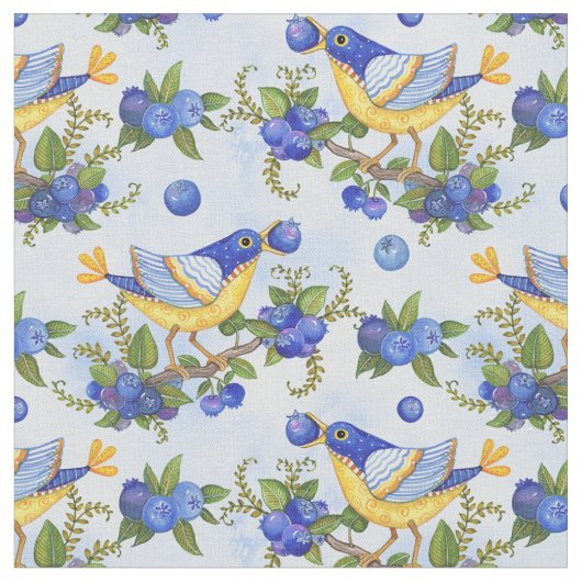 FABRIC Whimsical Birds Blueberries Blue Yellow Stof (Close Up)