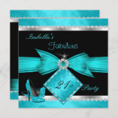 Fabulous 21 Blauwgroen Black Silver Birthday Party Kaart (Voorkant / Achterkant)