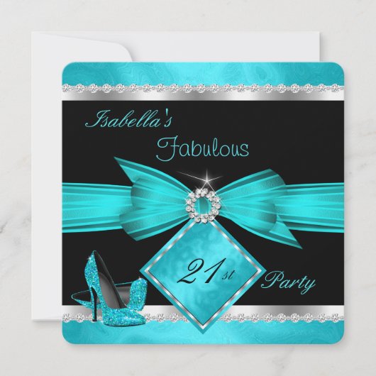 Fabulous 21 Blauwgroen Black Silver Birthday Party Kaart (Voorkant)