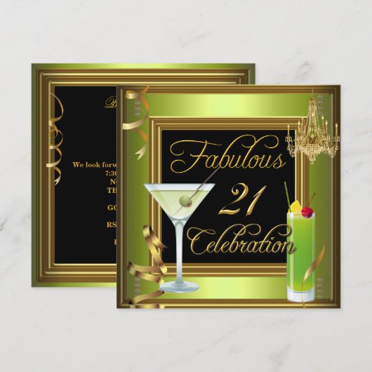 Fabulous 21 Celebration Gold Green Birthday Party Kaart (Voorkant / Achterkant)