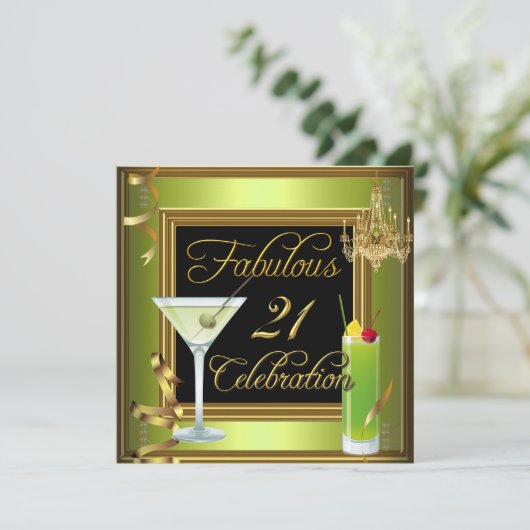 Fabulous 21 Celebration Gold Green Birthday Party Kaart (Staand voorkant)