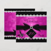 Fabulous 21 Hot Pink Black Silver Birthday Party 3 Kaart (Voorkant / Achterkant)