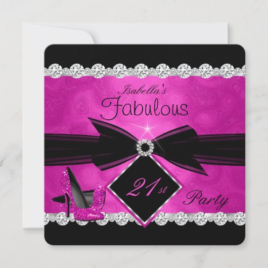 Fabulous 21 Hot Pink Black Silver Birthday Party 3 Kaart (Voorkant)