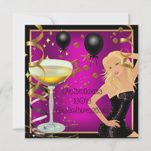 Fabulous 30 30th Pink Gold Black Birthday Party Kaart (Voorkant)