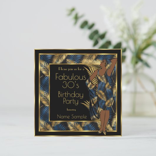 Fabulous 30 Birthday Party Gold Blue Palms Lady 2 Kaart (Staand voorkant)