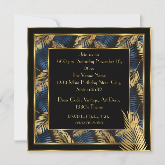 Fabulous 30 Birthday Party Gold Blue Palms Lady 2 Kaart (Achterkant)