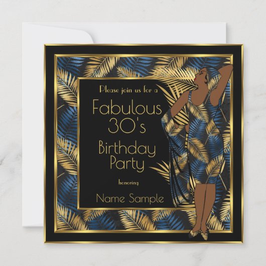 Fabulous 30 Birthday Party Gold Blue Palms Lady 2 Kaart (Voorkant)