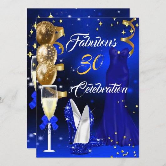 Fabulous 30 Champagne Party Royal Blue Heels Gold Kaart (Voorkant / Achterkant)