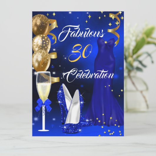 Fabulous 30 Champagne Party Royal Blue Heels Gold Kaart (Staand voorkant)