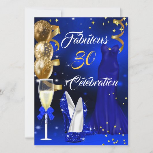 Fabulous 30 Champagne Party Royal Blue Heels Gold Kaart (Voorkant)