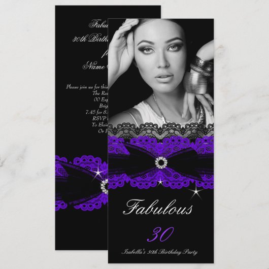Fabulous 30 Paarse Black 30th Birthday Party Kaart (Voorkant / Achterkant)