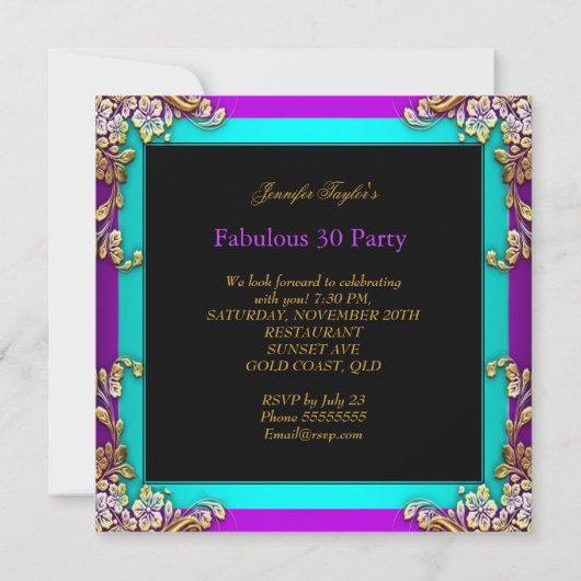 Fabulous 30 Paarse Blauwgroen Glitter Gold Party Kaart (Achterkant)
