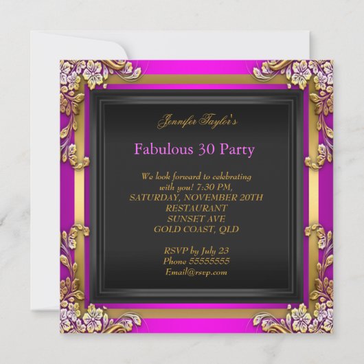 Fabulous 30 Pink Gold Birthday Party Kaart (Achterkant)