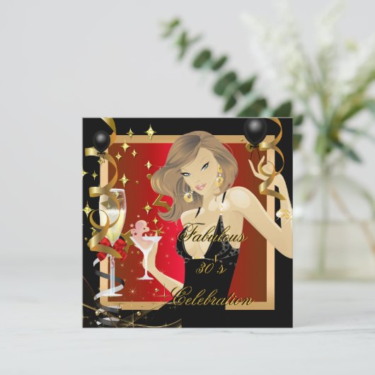 Fabulous 30 Red Gold Black Birthday Party Kaart (Staand voorkant)