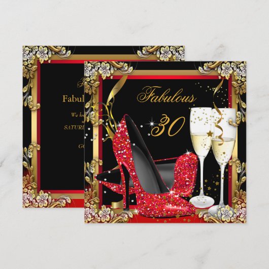 Fabulous 30 Red Heels Gold Black Champagne Party Kaart (Voorkant / Achterkant)