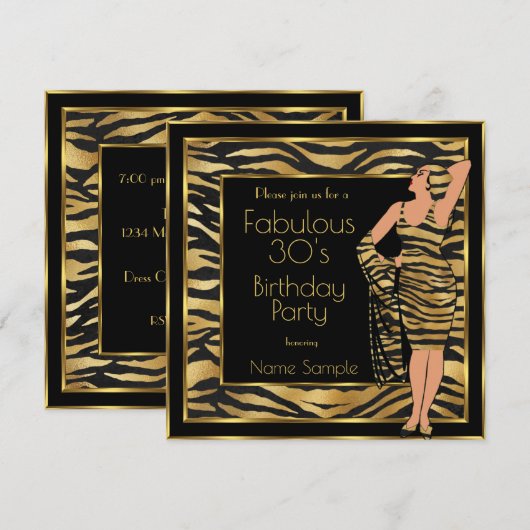 Fabulous 30's Birthday Party Gold Deco Lady 2 Kaart (Voorkant / Achterkant)