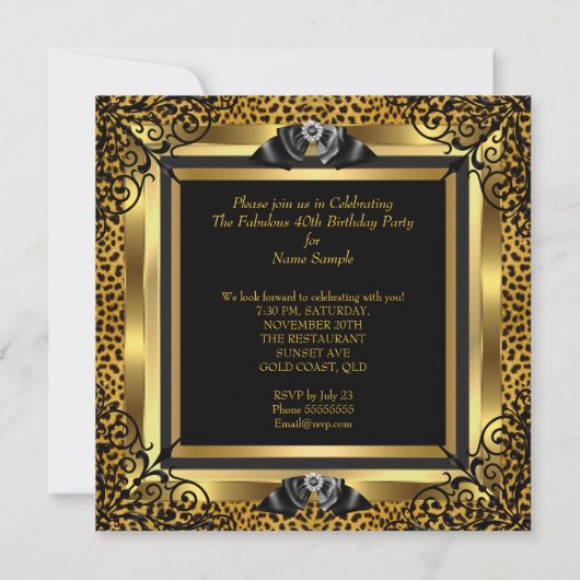 Fabulous 40 40th Birthday Party Gold Wild Leopard Kaart (Achterkant)