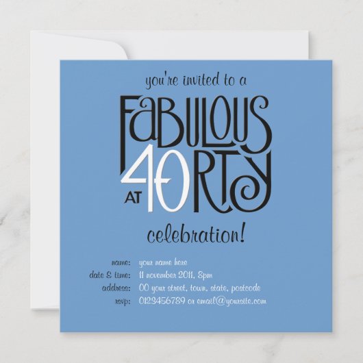 Fabulous 40 black white blue Birthday Invitation Kaart (Voorkant)
