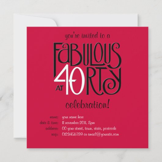 Fabulous 40 Black white red Birthday Invitation Kaart (Voorkant)