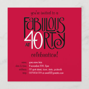 Fabulous 40 Black white red Birthday Invitation Kaart