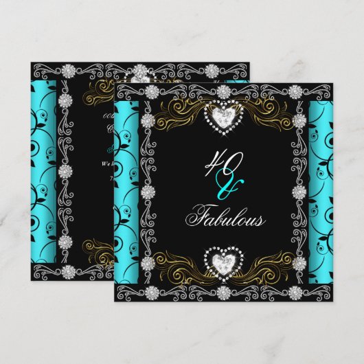 Fabulous 40 Damask Blauwgroen Black Silver 40th Bi Kaart (Voorkant / Achterkant)