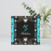 Fabulous 40 Damask Blauwgroen Black Silver 40th Bi Kaart (Staand voorkant)