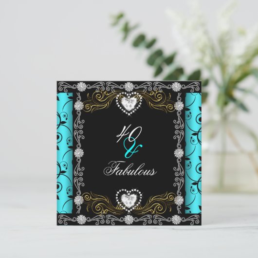 Fabulous 40 Damask Blauwgroen Black Silver 40th Bi Kaart (Staand voorkant)