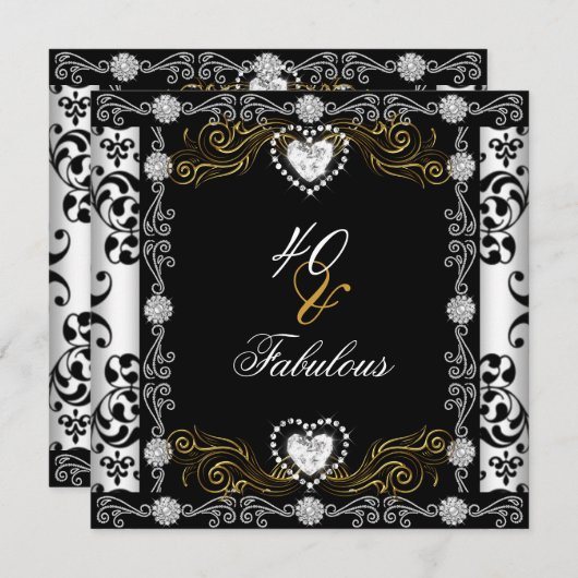 Fabulous 40 Damask Gold Black White Silver 40th Kaart (Voorkant / Achterkant)