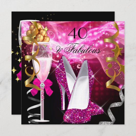 Fabulous 40 Hot Pink Glitter Heels Birthday Party Kaart (Voorkant / Achterkant)