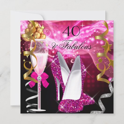 Fabulous 40 Hot Pink Glitter Heels Birthday Party Kaart (Voorkant)
