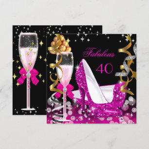 Fabulous 40 Hot Pink Gold Bubbles Glitter Party 2 Kaart