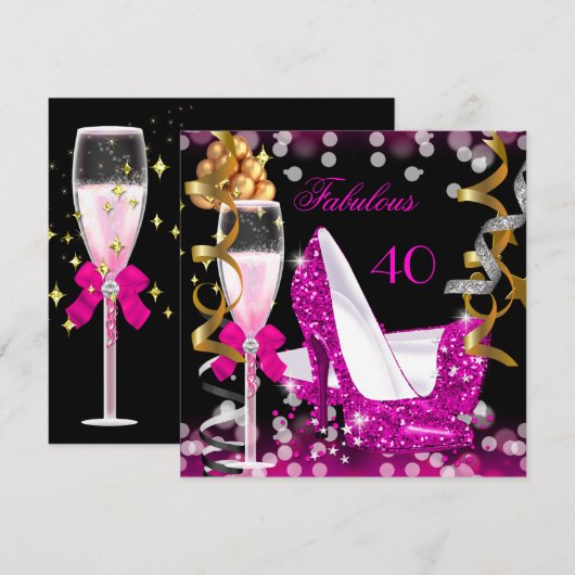 Fabulous 40 Hot Pink Gold Bubbles Glitter Party Kaart (Voorkant / Achterkant)